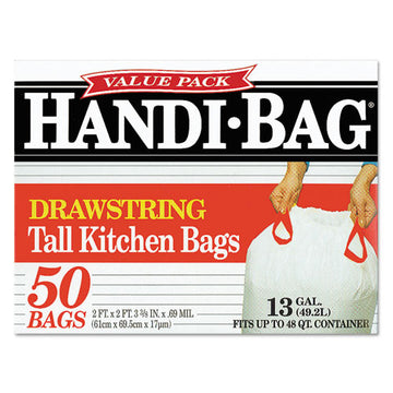 Handi-Bag® Drawstring Kitchen Bags, 13 Gal, 0.6 Mil, 24" X 27.4", White, 50-box, 6 Boxes-carton freeshipping - TVN Wholesale